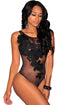 Black Floral Embroidered Sheer Mesh Bodysuit